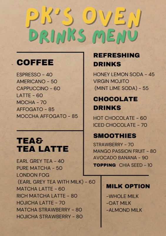 Fresh beverages and drinks menu